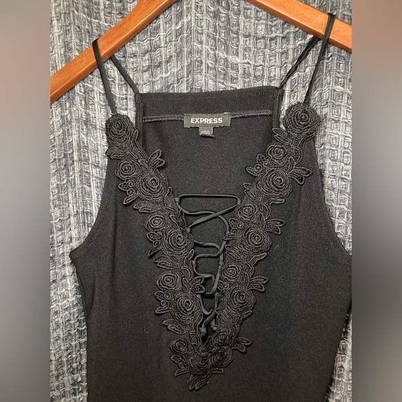 Express Black Stretch Knit Bodysuit with Logo Tag - Picture 2 of 10